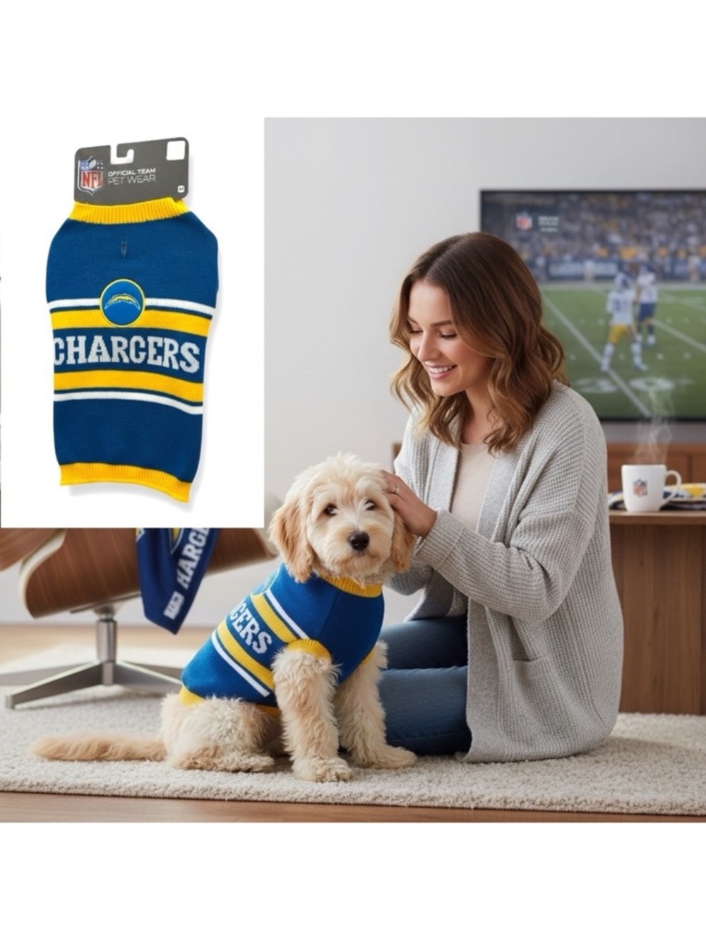 NFL Los Angeles Chargers Dog Pet Knit Sweater Blue Yellow Size Medium